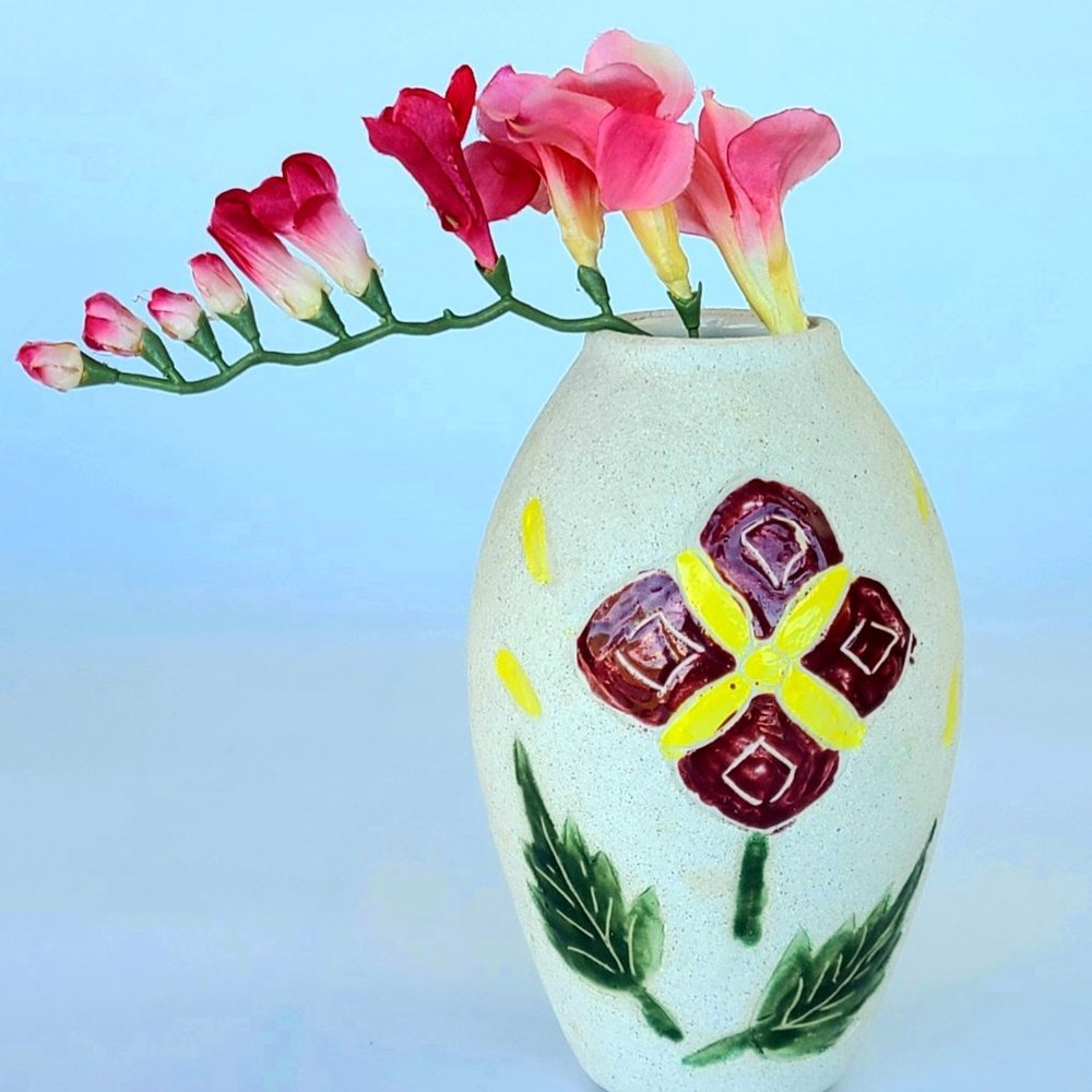 Vintage Sand Textured Unique Shaped Vase - Beautiful - Hand-painted